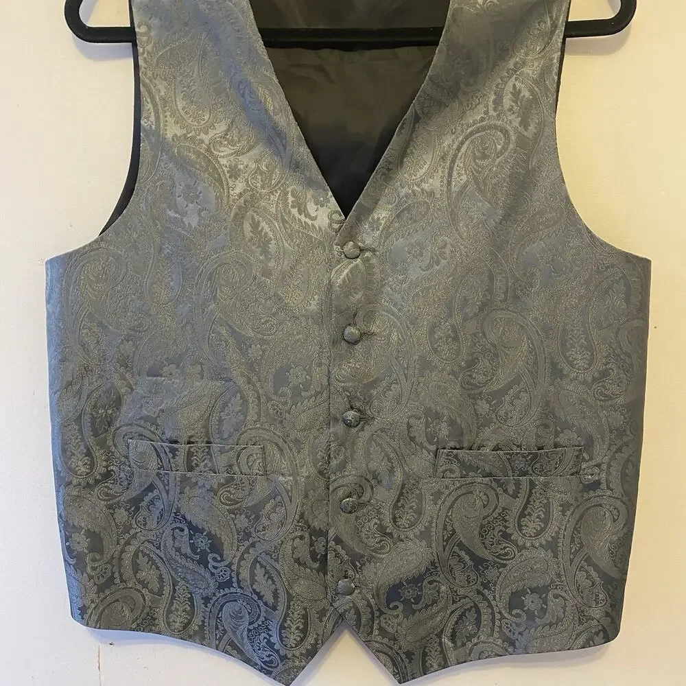 Hisdern Silver Gray Paisley Tuxedo Vest Mens Size S Career Formal Wear Handmade